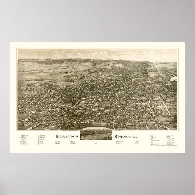 Saratoga Vår, NY Panoramic Karta - 1888 Poster (Framsidan)