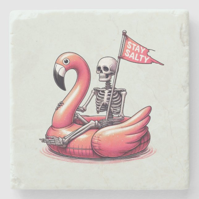 Sarcastic Skeleton on Flamingo - Vistelhet Stenunderlägg (Framsidan)