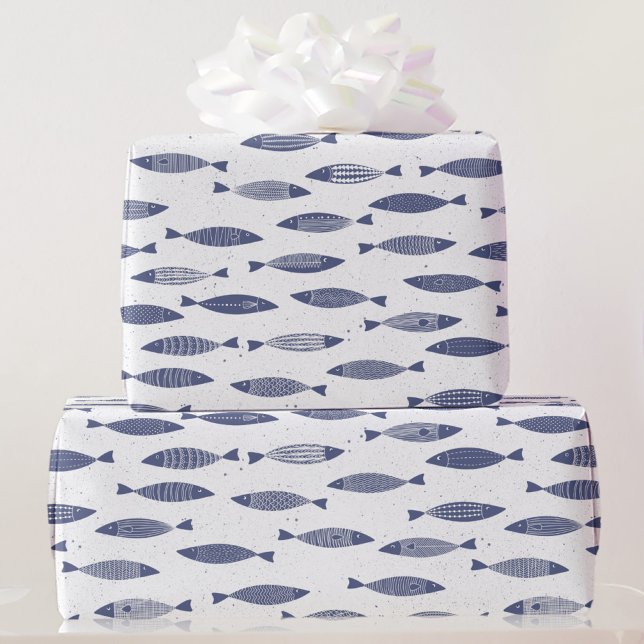 Sardin Fisk Navy Blå Vit Kust Presentpapper (Sardine fish blue and white block print Mediterranean gift wrap paper roll)