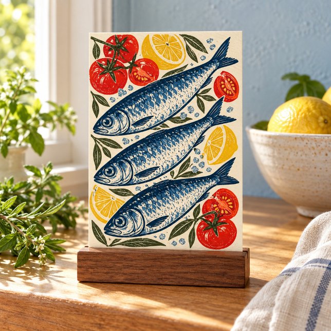 Sardiner och havssalt konsttryck poster (4 x 6 inch unframed semi-gloss print. Flat printed artwork. Styled scene; props not included.)
