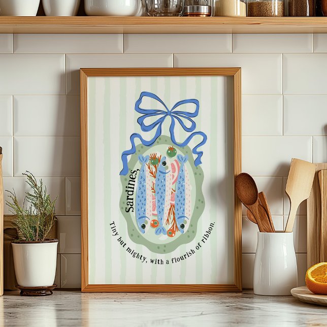 Sardiner på en tallrik i blå köksaffisch poster (Skapare uppladdad)