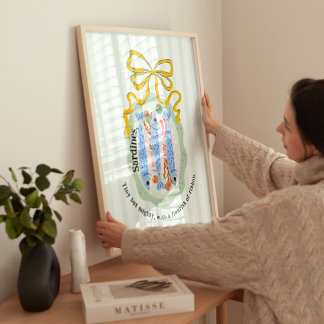 Sardiner på en tallrik i gul köksaffisch poster