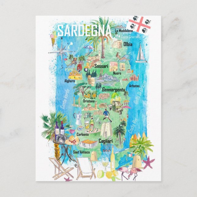 Sardinien Illustrated Travel Karta Vykort (Framsida)