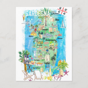 Sardinien Illustrerad Reskarta Vykort