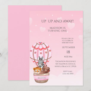 Sarfari Animal Luftballong Girl First Birthday Inbjudningar