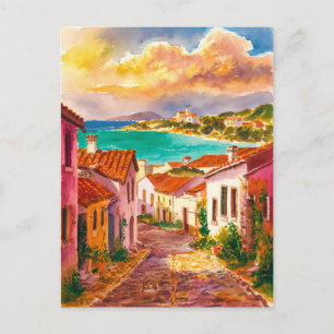 Sarinia Italien Street Watercolor Painting Vykort