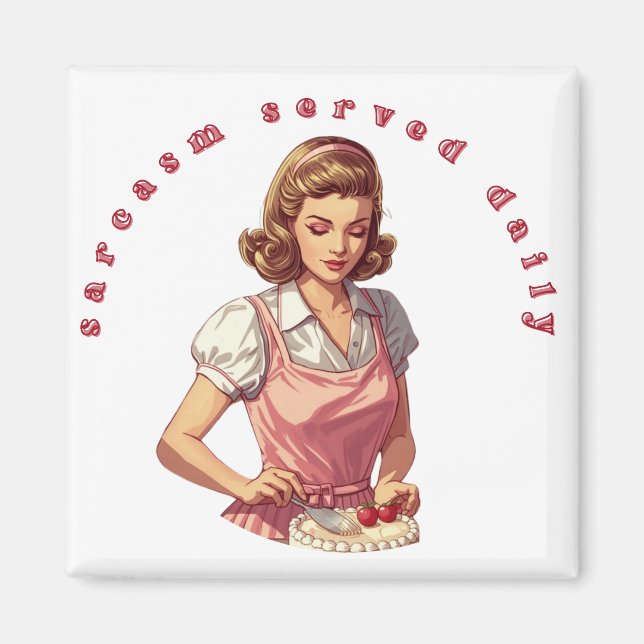 “Sarkasm Serveras Dagligen” Rolig Retro Husmor  Magnet (Framsidan)
