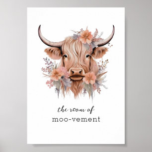 Sarkastic Blommigt Highland Cow Bathroom Wall Art Poster