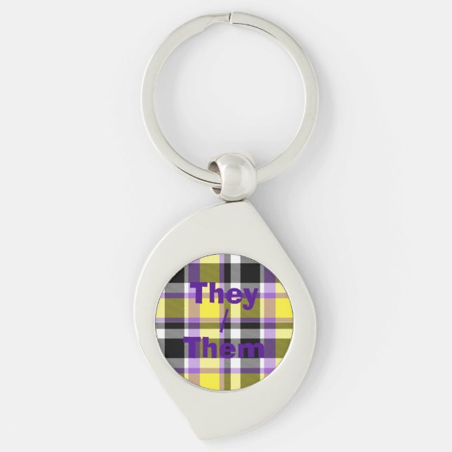 Särpräglad Eklektisk Boho Icke-binär Plaid Pride F Swirl Silverfärgad Nyckelring (Framsidan)