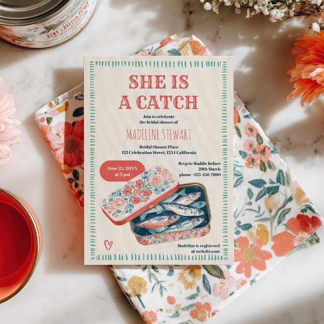Särpräglad Hon Är En Fångst Sardintjej Bröllopsdus Inbjudningar (Quirky She Is A Catch Sardine Social Bridal Shower Invitation)