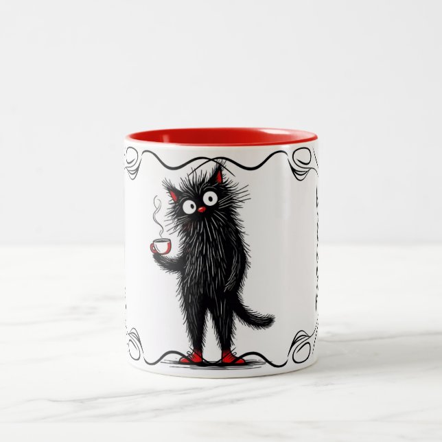 Särpräglad svart katt-mugg | Excentrisk kaffefanta Två-Tonad Mugg (Center)