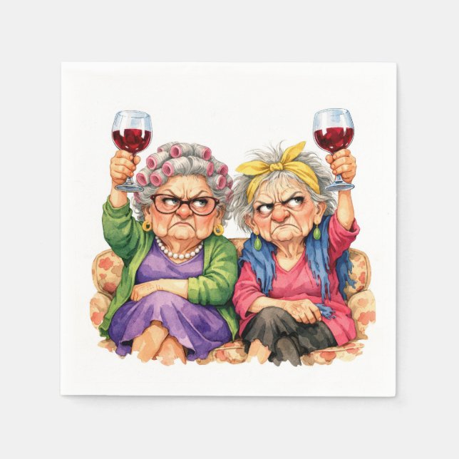 Särpräglade gamla damer med rött vin pappersservett (Framsidan)