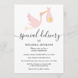 Särskild leverans stork rosa baby shower sprinkle inbjudningar