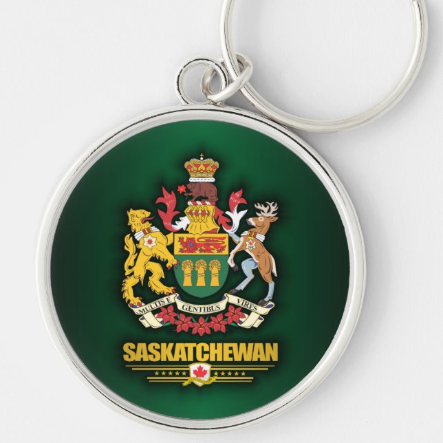Saskatchewan COA Rund Silverfärgad Nyckelring (Framsidan)