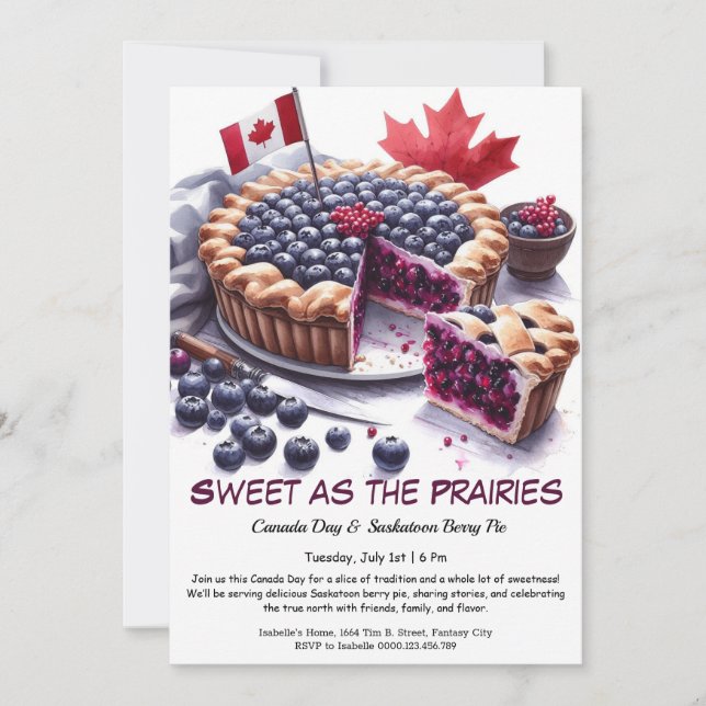 Saskatoonbärspaj Vattenfärgsdesign Canada Day Inbjudningar (Framsida)