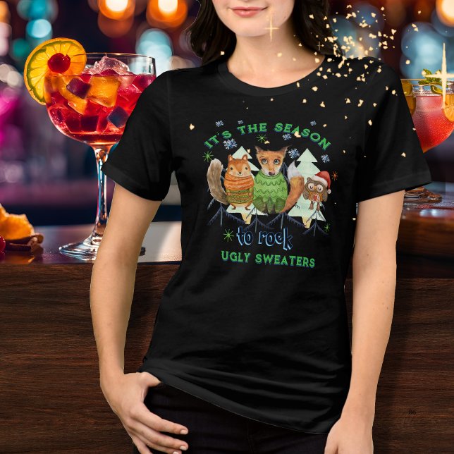 Säsong för Sten Ugly Sweater woodland T Shirt (Season to Rock Ugly Sweater woodland animals )