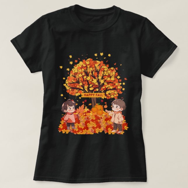 Säsong Godhet Lycklig Fall Children and Löv T Shirt (Design framsida)