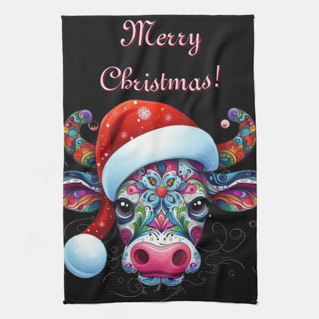 Säsong i Santa Cow Bull Santa Hat Kökshandduk (Vertikal)