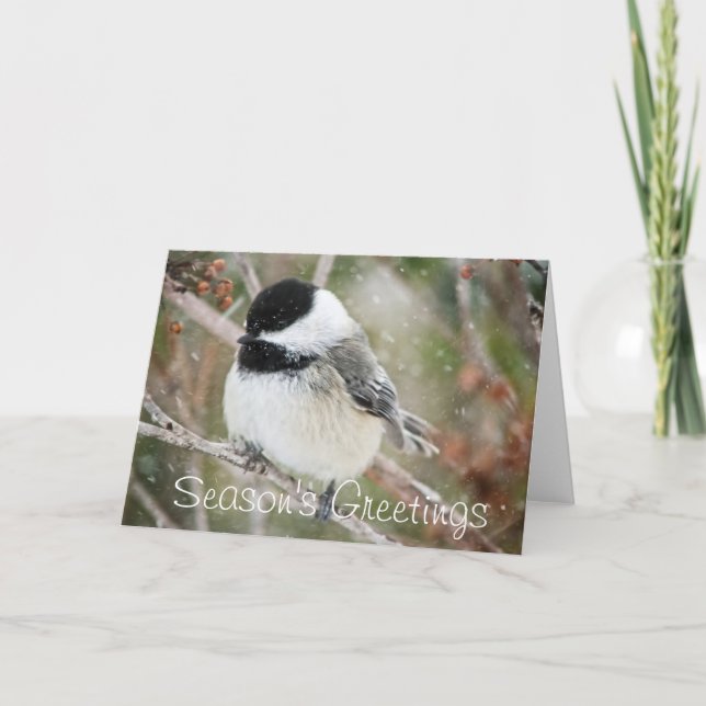 Säsong snöig Chickadee för hälsningar Helgkort (Framsida)