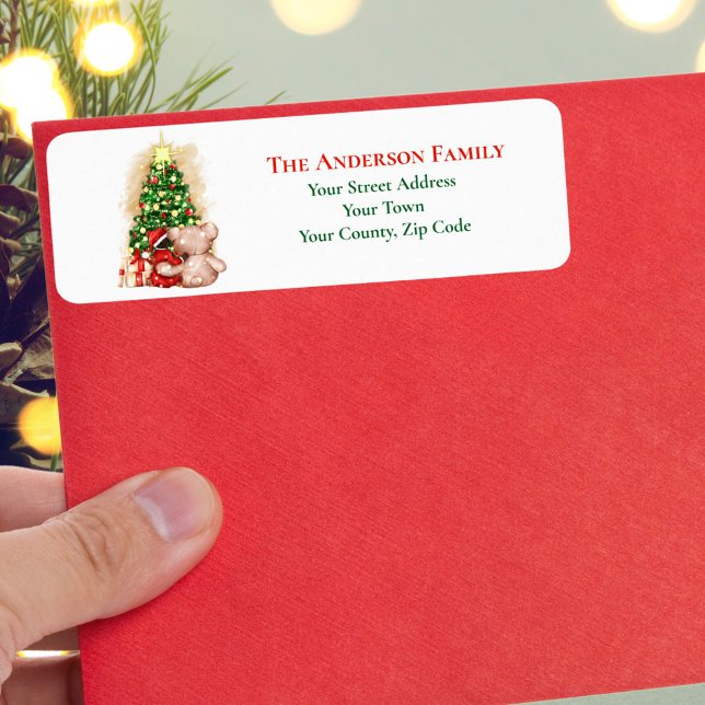 Säsong Watercolor Julgran Teddy Namn Returadress Etikett (Skapare uppladdad)