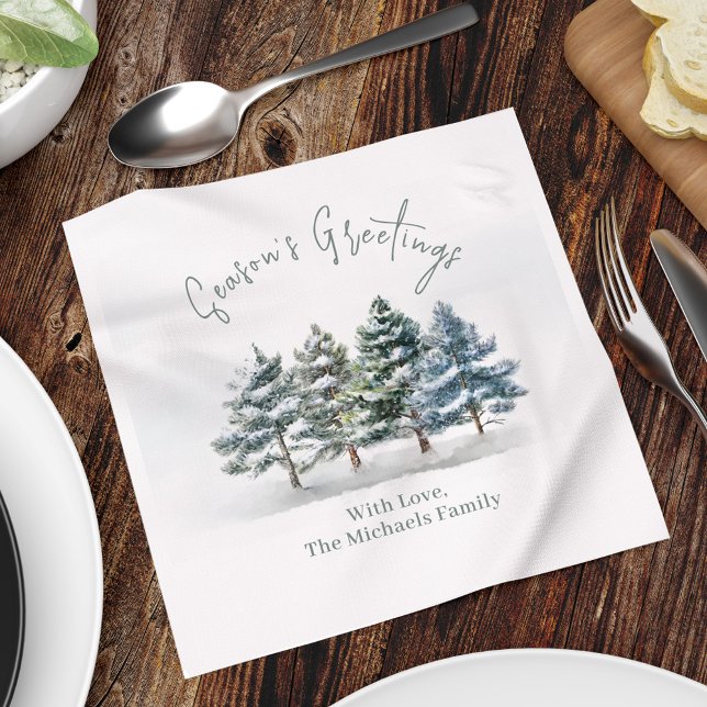 Säsongens Hälsning Watercolor Julgranar Pappersservett (Season's Greeting party custom napkin. )