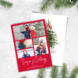 Säsongens hälsningar Foto Collage Watercolor Träd Julkort<br><div class="desc">Den här designen har ett julkort,  med ett enkelt vattenfärgsskript i Julgran,  ett elegant-penselskript,  en mall för multifotokollage och en årstids hälsningar,  botaniskt grey,  vintage-trendig,  rött och grönt,  ett helgdag-fotokort för elegant</div>