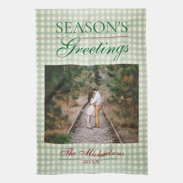 Säsongens hälsningar Gingham jul Kökshandduk (Vertikal)