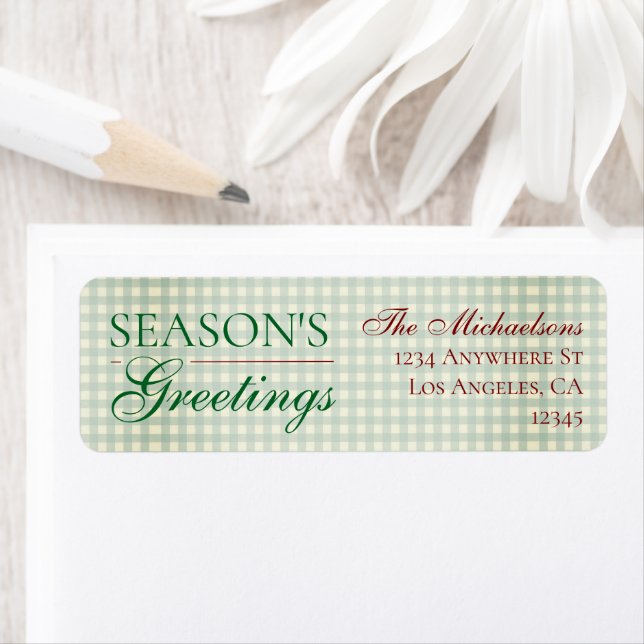 Säsongens hälsningar Gingham jul Returadress Etikett (Insitu)