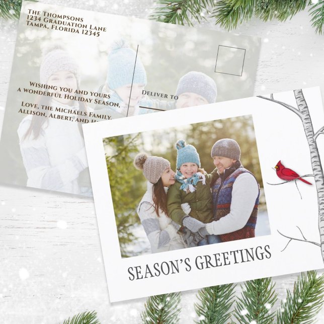 Säsongens hälsningar Helgdag 2 Photo Red Kardinal Helg Vykort (Simple winter botanical red cardinal photo postcard with a minimalist design.)