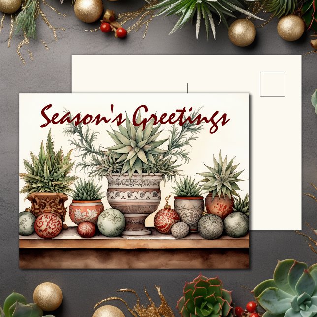 Säsongens hälsningar markerade Succulents jul Helg Vykort (Season's Greetings Potted Succulents Christmas Holiday Postcard)