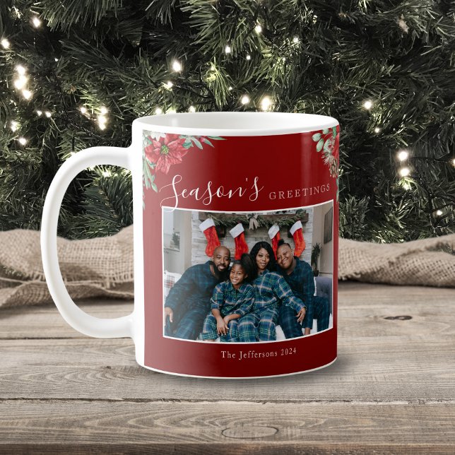 Säsongens hälsningar Poinsettia Photo jul Kaffemugg (Season's Greetings Poinsettia Photo Christmas Coffee Mug)