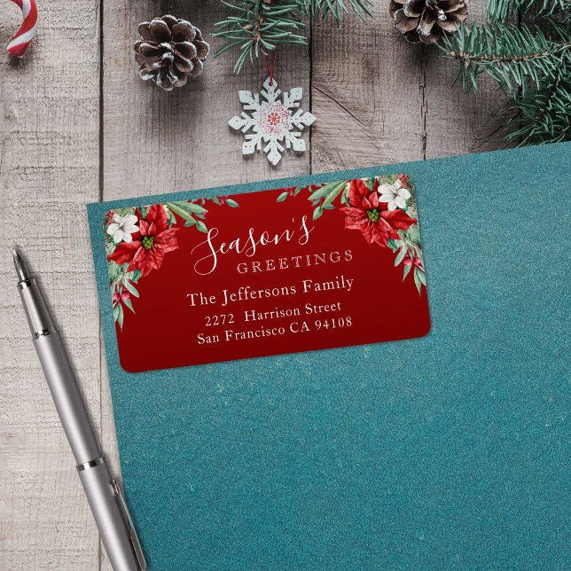 Säsongens hälsningar Poinsettia Röda julen Adressetikett (Season's Greetings Poinsettia Red Christmas Label)