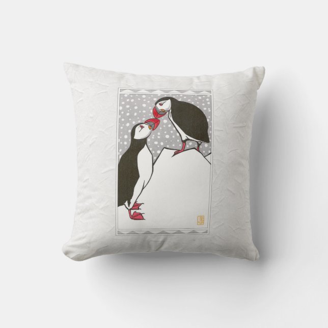 Säsongens hälsningar! Puffins Dekorativ kudde (Framsida)