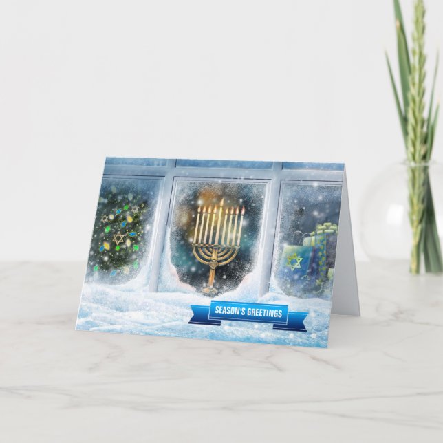 Säsongens hälsningar. Snö Scene med Menorah Helgkort (Framsida)