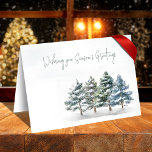 Säsongens hälsningar Watercolor Winter Kort<br><div class="desc">Den här designen har ett årstidsschema för helgdag vid jul i hälsning,  elegantens löv,  botanisk vinter,  en tvåfotomall,  skogar vid gräs träd,  en ren grönskog,  en vattenfärgsblå stil i grönt,  ett rustiskt land-tema och ett julhälsningskort för helgdag.</div>