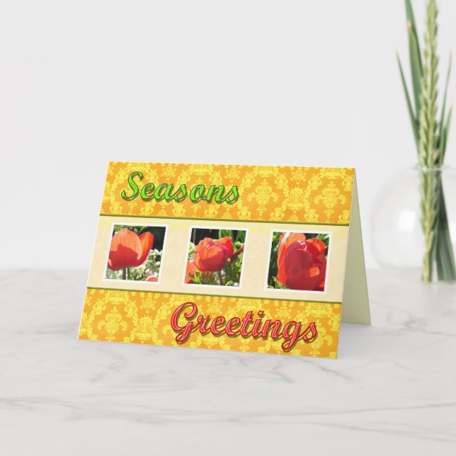 Säsongens hälsningskort med röda blommor. helgkort (Framsida)