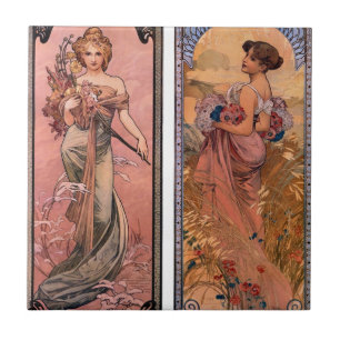 Säsongerna (vår, sommar) vid Alphonse Mucha Kakelplatta