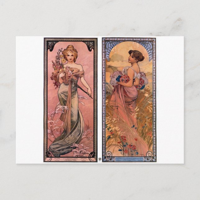 Säsongerna (vår, sommar) vid Alphonse Mucha Vykort (Framsida)
