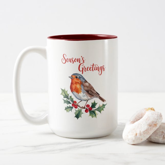 Säsongshälsningar från Cheerful Robin Två-Tonad Mugg (Med munk)