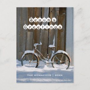 Säsongshälsningar - gammal cykel täckt i Snö Helg Vykort