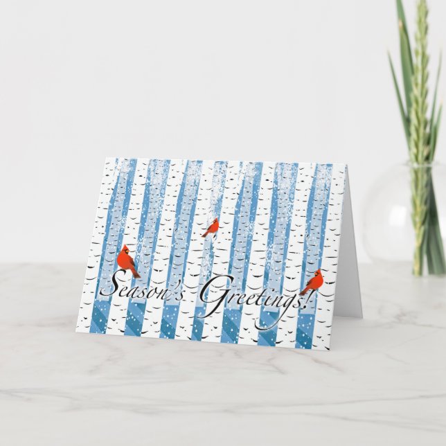Säsongshälsningar med kardinaler och Birch Träd Helgkort (Framsida)
