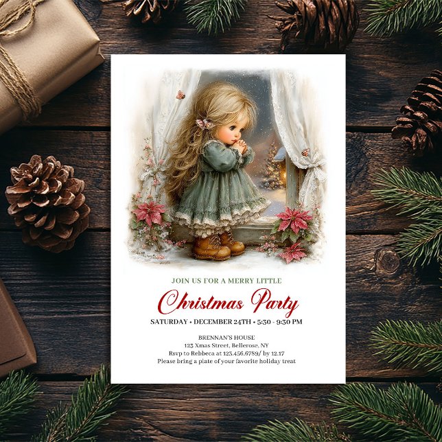 Säsongsinbjudan till fest Söt flicka Vinterscen Inbjudningar (Seasonal Party Invitation Cute Girl Winter Scene Art)