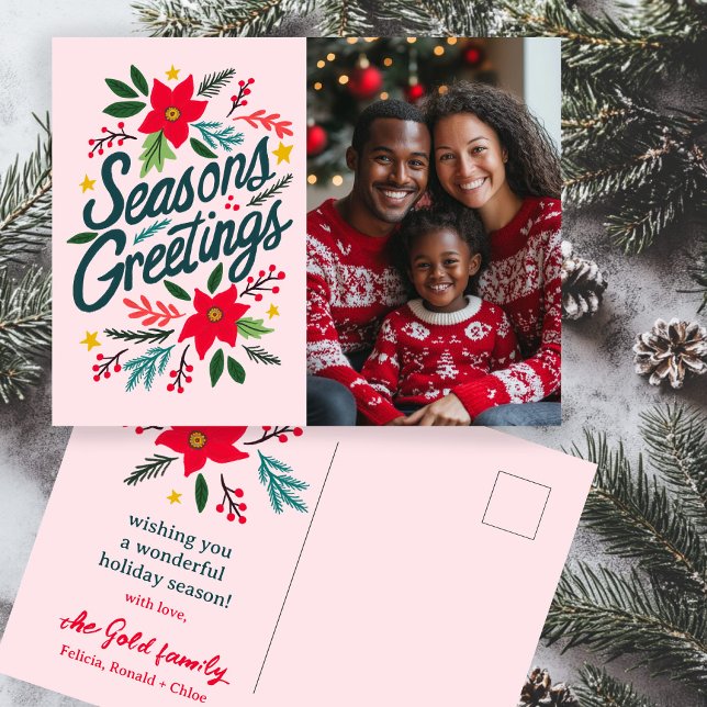 SÄSONHÄLSNINGAR ANPASSNINGSBAR PHOTO-Helgdagar för Vykort (SEASONS GREETINGS Christmas Holidays CUSTOM PHOTO Hand drawn botanicals Postcard
)