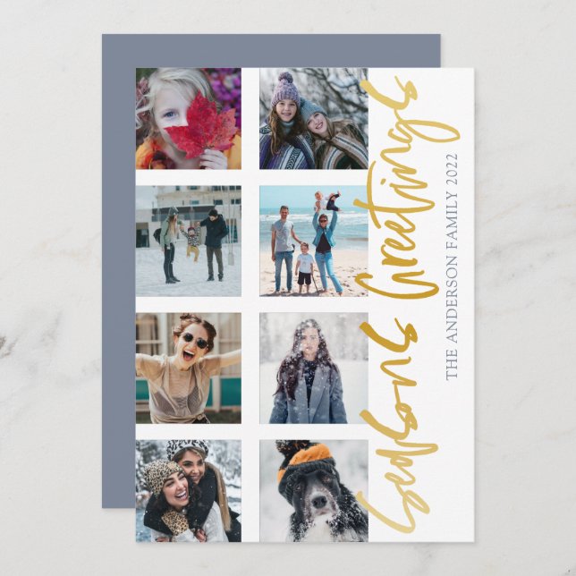 Säsonhälsningar Guld Script 8 fotojul Julkort (Fram/baksida)