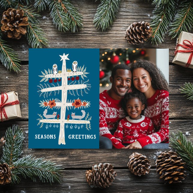 SÄSONHÄLSNINGAR Hand plockade Träd ANPASSNINGSBAR  Julkort (SEASONS GREETINGS Hand Drawn Tree CUSTOM PHOTO Holiday Card
)