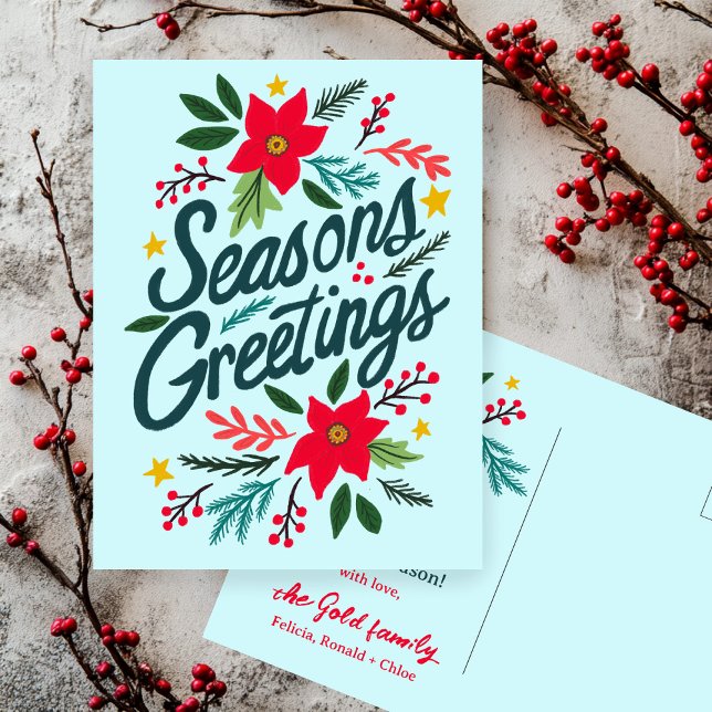SÄSONHÄLSNINGAR Juldagen Helgdag Julafton ANPASSNI Vykort (SEASONS GREETINGS Christmas Holiday Xmas Hand-Drawn Cute Botanical CUSTOM Postcard
)