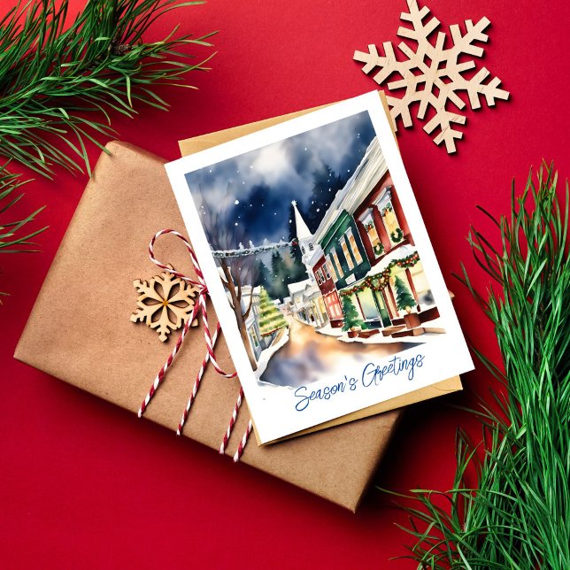 Säsonhälsningar Julgatan Kalifornien Vykort (Season's greetings Christmas snowy winter Nevada City California watercolor postcard)