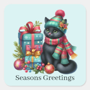 Säsonhälsningar Julkatt - lägg till text Fyrkantigt Klistermärke