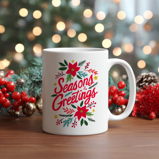 SÄSONHÄLSNINGAR Kute Jul-Helgdagar - Folium Kaffemugg (SEASONS GREETINGS Cute Christmas Holidays Botanical Foliage Hand drawn Coffee Mug
)