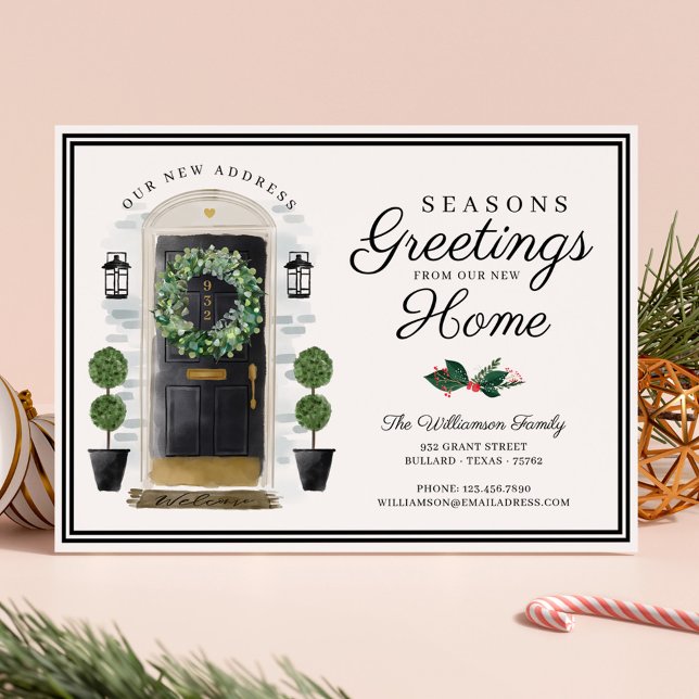 Säsonhälsningar Ny svart vattenfärgsdörr för hemme Julkort (Seasons Greetings New Home Black Watercolor Door Holiday Card)